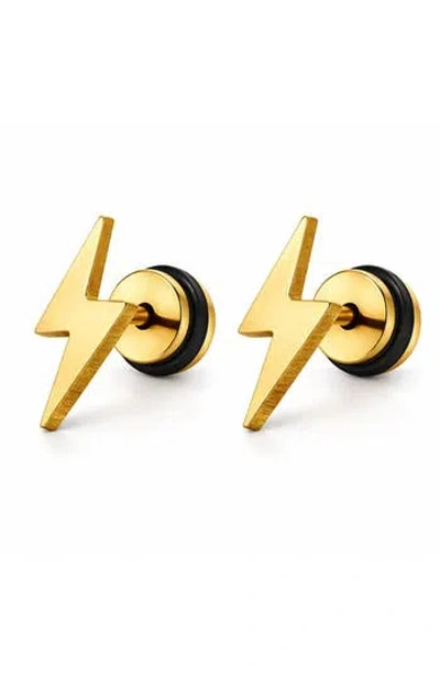 Rebl Stainless Steel Lightning Bolt Screwback Stud Earrings In Gold