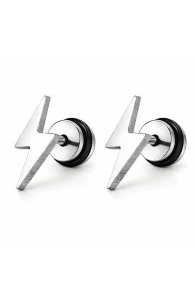 Rebl Stainless Steel Lightning Bolt Screwback Stud Earrings In Silver