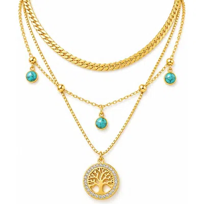 Rebl Tree Of Life Turquoise Layered Necklace In Gold