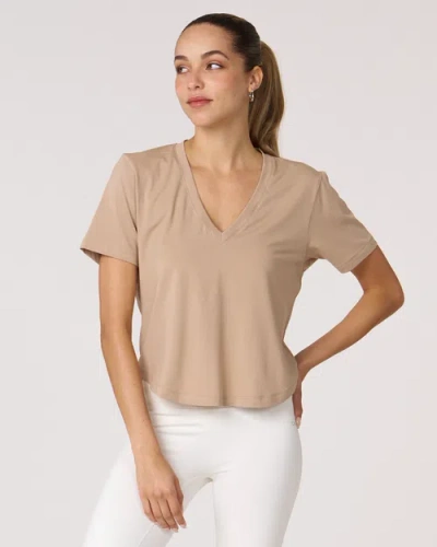 Rebody Active Rebody Essentials V Neck Short Sleeve Top In Sand