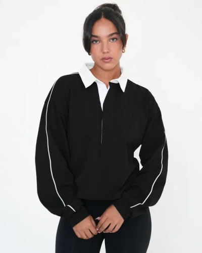 Rebody Active Rugby Piping Relaxed Polo Top In Black