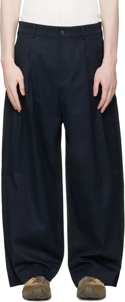 Re;code Navy Raw Edge Two Tuck Trousers In Blue