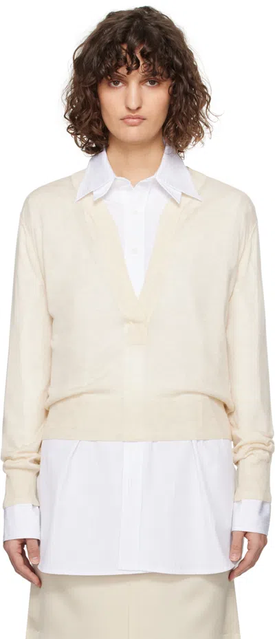 Recto Off-white Deep Henley Neck Sheer Knit Sweater In Ivory