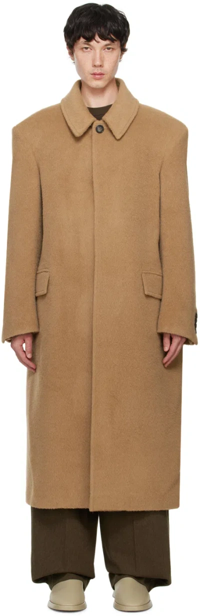 Recto Tan Balmacaan Coat In Ochre