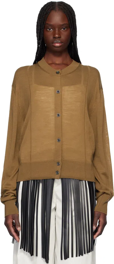 Recto Tan Crewneck Sheer Knit Cardigan In Ochre