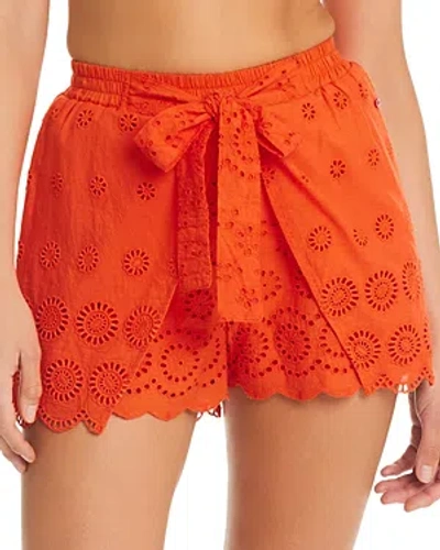 Red Carter Cotton Eyelet Tie Front Cover Up Shorts In Scorching