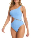 Red Carter Diagonal Rib One Shoulder Swimsuit In Blue