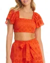 Red Carter Eyelet Puff Sleeve Crop Top Swim Cover-up