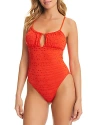 RED CARTER EYELET KEYHOLE BALCONETTE ONE PIECE SWIMSUIT