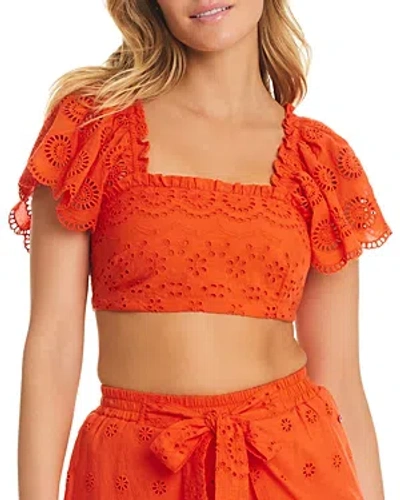 Red Carter Eyelet Puff Sleeve Crop Top Swim Cover-up In Scorching