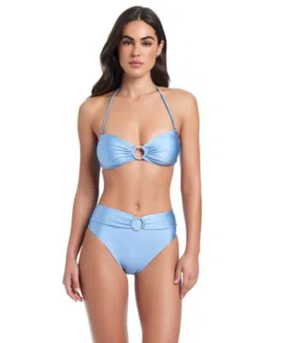 Red Carter Pearls Of Wisdom O Ring Bandeau Top High Waist Bottom In Blue