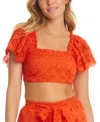 Red Carter Eyelet Puff Sleeve Crop Top Swim Cover-up In Scorching