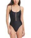Red Carter Pearly Button High-neck One-piece In Black