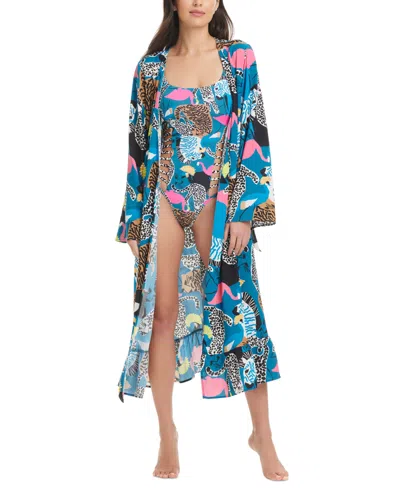 Red Carter Women's Long Tie-waist Beach Robe Cover-up In Indigo Dye Multi