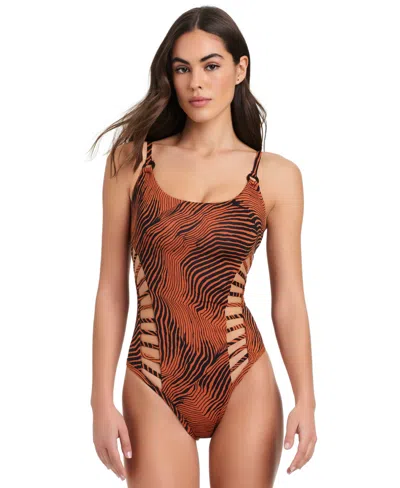 Red Carter Women's Printed Side Cut Out One-piece Swimsuit In Salted Caramel Multi