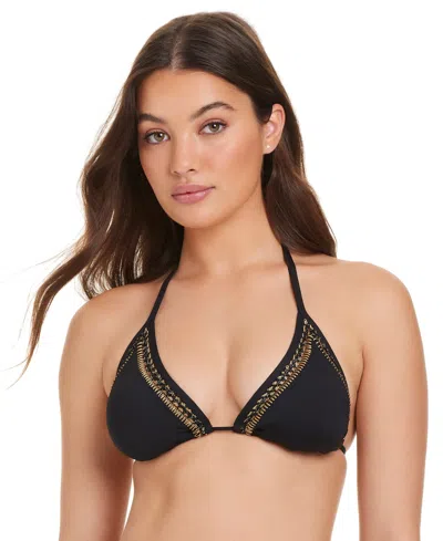 Red Carter Women's Stitched Up Crochet Halter Triangle Bikini Top In Black