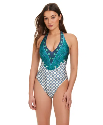 Red Carter Women's V-neck Printed V-neck One-piece Swimsuit In Green