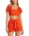 Red Carter Eyelet Puff Sleeve Crop Top Swim Cover-up In Scorching
