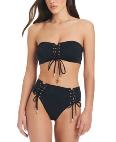 Red Carter Womens Lace Up Bandeau Bikini Top Bottoms In Black