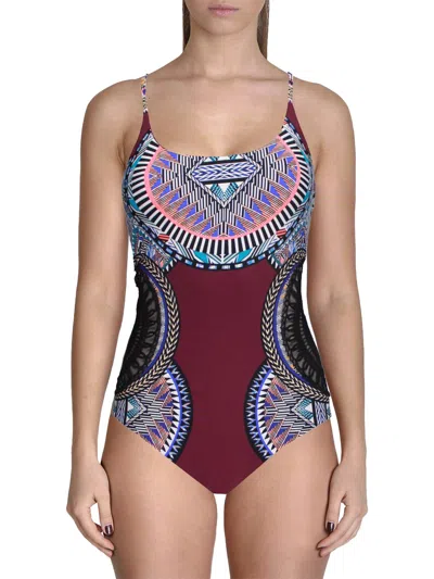 Red Carter Womens Printed Crochet Trim One-piece Swimsuit In Brown