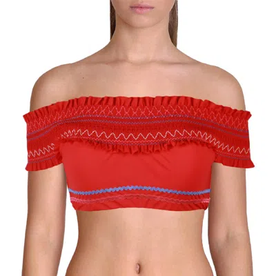 Red Carter Womens Ruffled Off The Shoulder Bikini Swim Top In Multi
