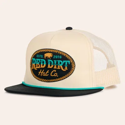 Red Dirt Hat Co. Stone & Black Buffalo Buckle Patch Flat Bill Rope Trucker Cap In Brown