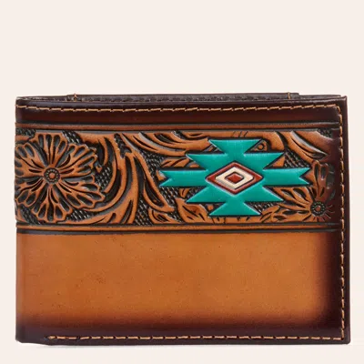 Red Dirt Hat Co. Tan & Turquoise Aztec Tooled Bifold Wallet In Brown