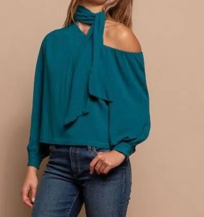 Red Haute One Shoulder Tie Neck Top In Teal In Blue