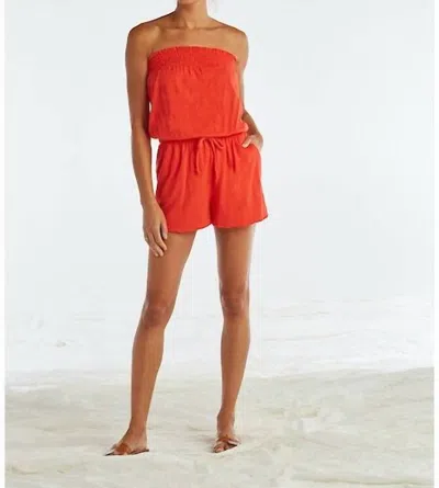 Red Haute Strapless Smocked Romper In Red