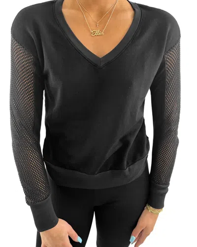 Red Haute V-neck With Open Knit Sleeve Top In Black