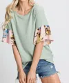Red Lolly Floral Sleeve Top In Sage