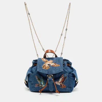 Pre-owned Red Valentino Bird Patched Mini Blue Denim Backpack