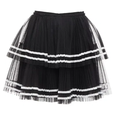 Pre-owned Red Valentino 2022 Black Tiered White Stripe Tulle Pleated Mini Skirt It38 Xs