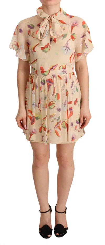 Pre-owned Red Valentino Beige Ascot Collar Short Sleeves Aline Mini Women's Dress () In Sand