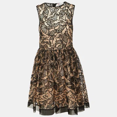 Pre-owned Red Valentino Beige /black Lace Mini Dress S In Sand