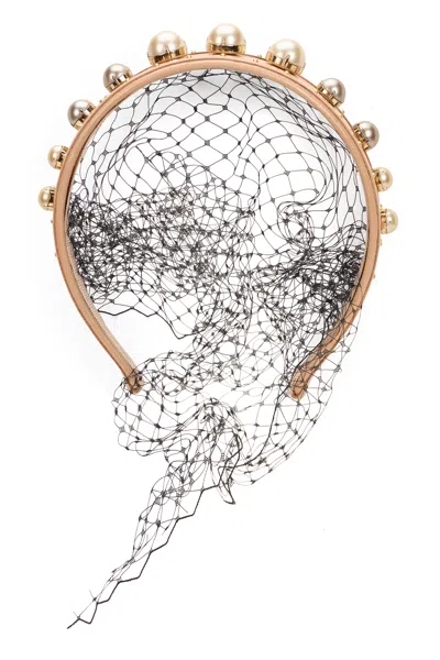 Red Valentino Beige Elegant Headband With Pearls And Mesh, Distinctive Design. In Gold