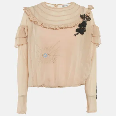 Pre-owned Red Valentino Beige Embroidered Crepe Frill Detail Sheer Top M In Sand