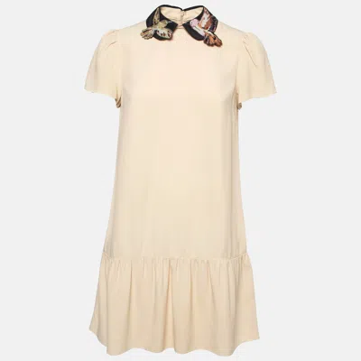 Pre-owned Red Valentino Beige Embroidered Peter Pan Collar Sateen Flounce Mini Dress S