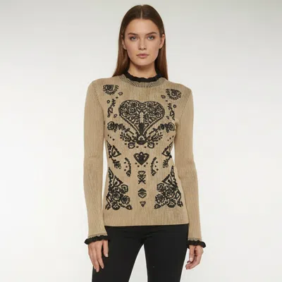Pre-owned Red Valentino Beige/black Heart Detail Rib Knit Sweater Xl In Sand