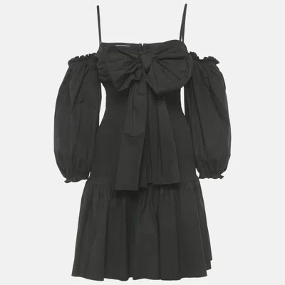 Pre-owned Red Valentino Black Cotton Bow Detail Smocked Mini Dress M