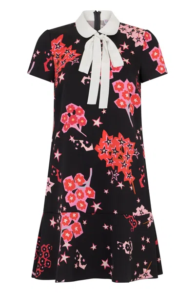 Red Valentino Black Dress With Floral Pattern And Shirt Collar. In Multi