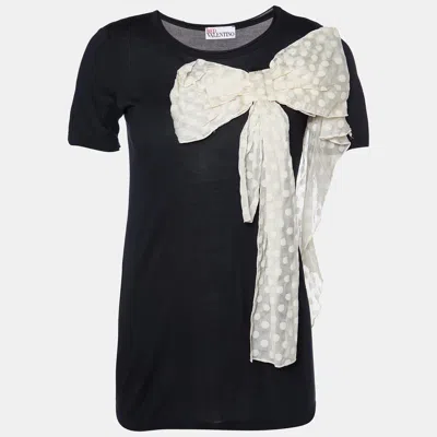 Pre-owned Red Valentino Black Jersey Contrast Bow Detail Raw Edged Top S