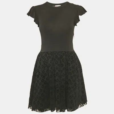 Pre-owned Red Valentino Black Jersey Flock Tulle Mini Dress S