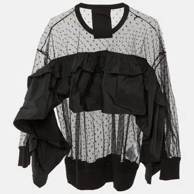 Pre-owned Red Valentino Black Pointelle Tulle & Taffeta Ruffled Top Xs