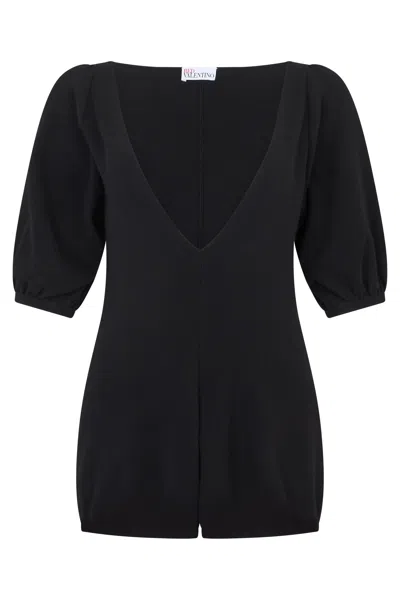 Red Valentino Black Short Jumpsuit With A V-neck And Balloon Sleeves.