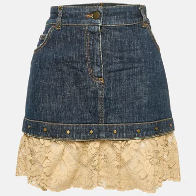 Pre-owned Red Valentino Blue Denim Lace Ruffled Mini Skirt M Waist 31"
