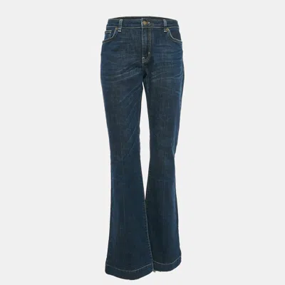 Pre-owned Red Valentino Blue Denim Rose Applique Wide Leg Jeans L Waist 33"