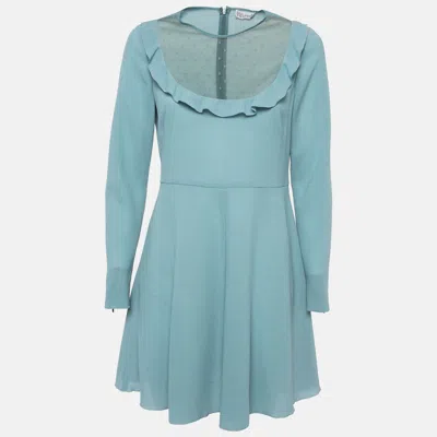 Pre-owned Red Valentino Blue Mesh Trim Crepe Ruffle Detail Mini Dress M