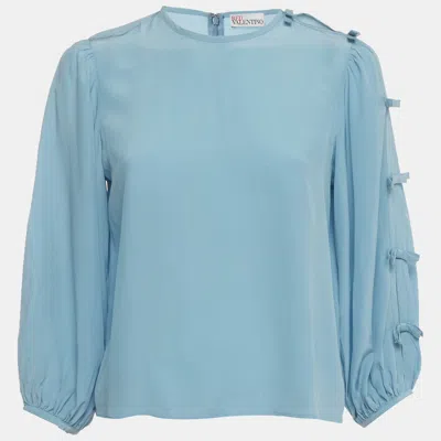 Pre-owned Red Valentino Blue Silk Crepe De Chine Bow Detail Blouse S