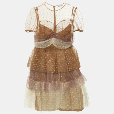 Pre-owned Red Valentino Brown Point D'esprit Tulle Tiered Mini Dress M